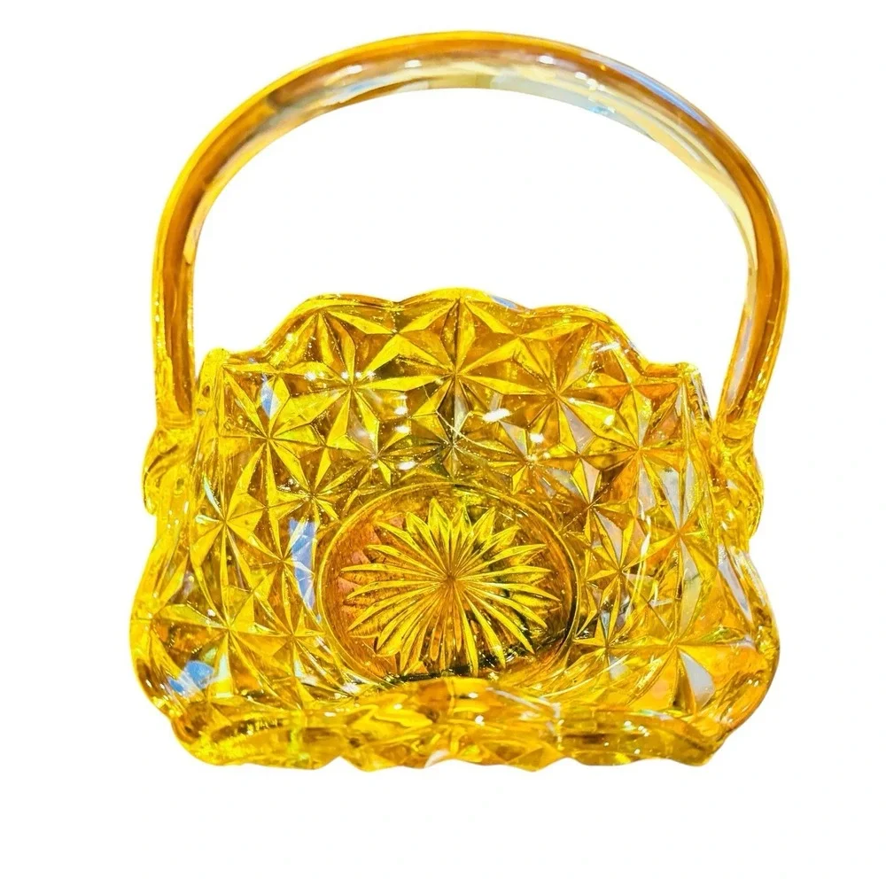 Vintage Indiana Glass Amber Daisy & Button Handled Basket Candy Dish